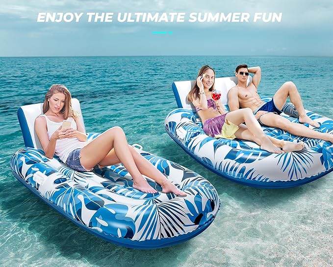 Pool Floats Adult 1-2-3 Person Inflatable Lounger, Extra Large Tanning Recliner Floaty Chair Raft with Backrest, Footrest, Cup Holder for Pool, Lake, River, Beach, Ocean & Party Use