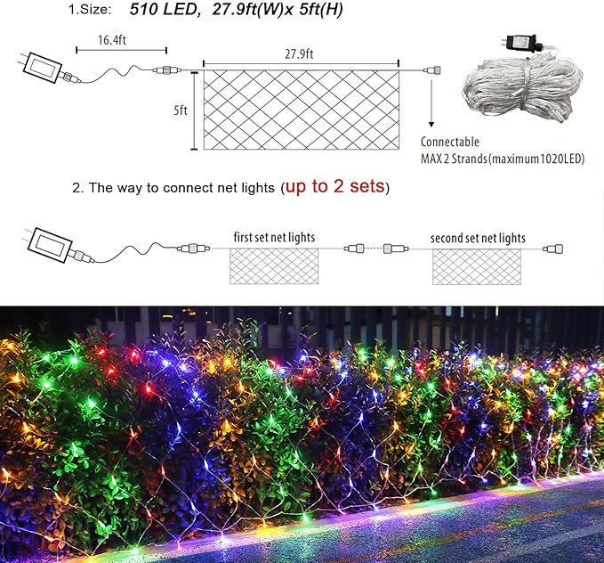 510 LED Christmas Net Lights, 27.9ft x 5ft Mesh Lights Outdoor Clear Wire 8 modes, Waterproof Connectable String Lights Plug in for Xmas Tree Bushes Garden Holiday Party Decorations - Multicolor