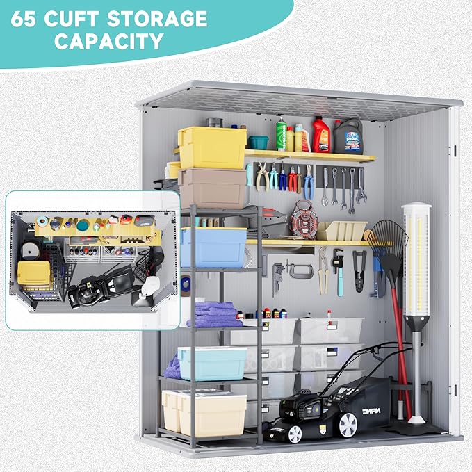 Greesum 5×3FT Plastic Outdoor Storage Shed with Floor, Resin Sheds with Lockable Door, Window and Vent, All-Weather Tool Storaged Sheds for Garden, Backyard, Patio, Light Gray (4.7×2.5FT)