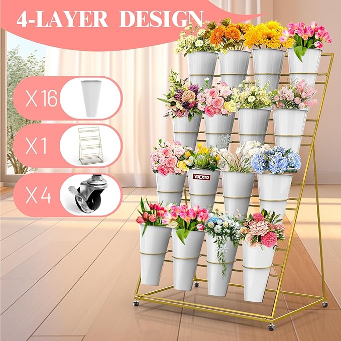 Flower Display Stand with Buckets, 4 Layers 16 PCS Buckets Plant Stand with Wheels, Movable Metal Plant Stand for Terrace Garden, Living Room, Florist Shop (Gold Frame - White Buckets, 4-Tier- 16 Buckets)