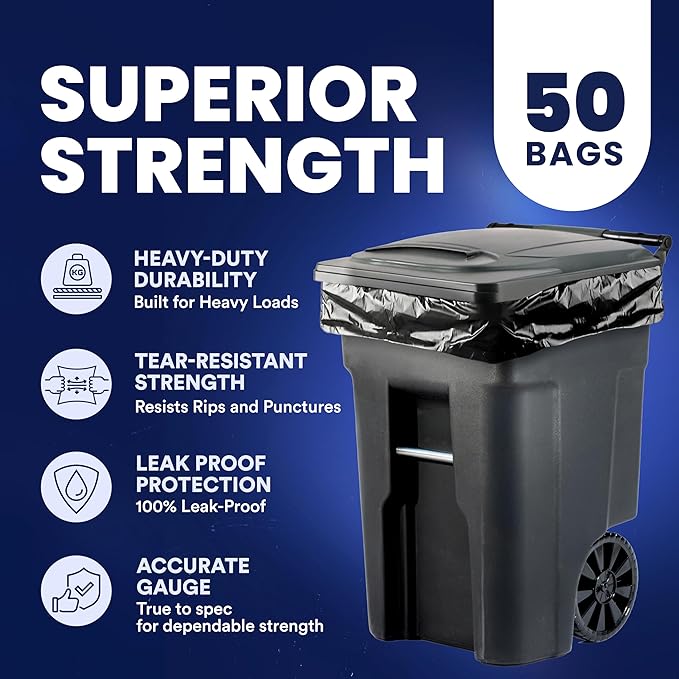 Plasticplace - W65LDBTL2RL 64-65 Gallon Trash Can Liners for Toter │ 2.0 Mil │ Black Heavy Duty Garbage Bags │ Rolls │ 49” x 59” (50 Count)