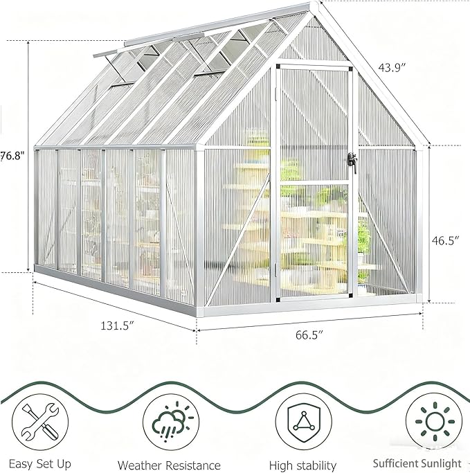 GAOMON 6x11 FT Outdoor Greenhouse with Roof Vent, Heavy Duty Aluminum Polycarbonate Greenhouses, Easy Assembly, Lockable Door, Large Walk-in Greenhouse for Patio, Backyard, Garden