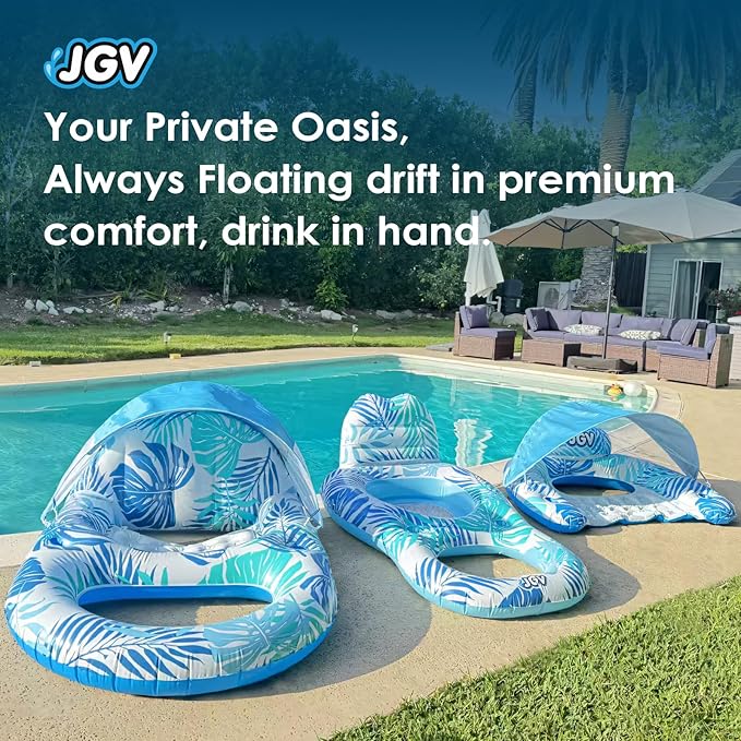 Pool Float for Adults with Canopy, XL Inflatable Chair Lounge Floaties with Adjustable Sun Shade Cover, Drink Holder, Ergonomic Headrest