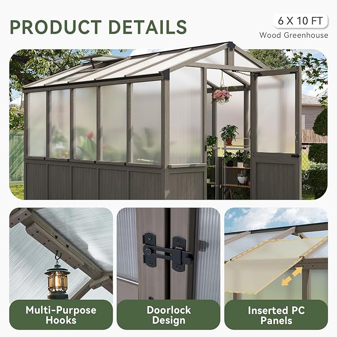 Aoxun 6x10 FT Wood Green House for Outdoors, Polycarbonate Panel Wooden Walk-in Greenhouse Kit with Automatic Temperature Control Roof Vent and Lockable Door, for Outside Backyard Garden, Gray