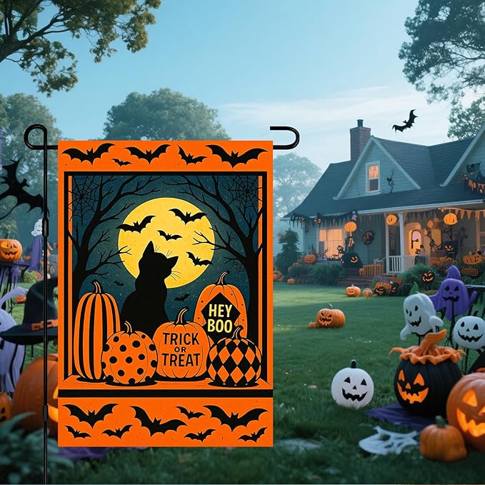 IVN Happy Halloween Garden Flag 12x18 Inch Double Sided Black Cat Pumpkin Bat Moon Trick or Treat Hey Boo Outdoor Yard Flag for Outside Front Door Lawn Porch Patio Welcome Decor