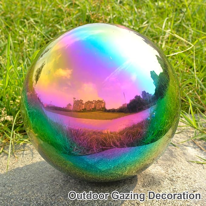 Nerien 10 Inch Gazing Ball, Stainless Steel Garden Mirror Globe, Polished Ornament Sphere, Hollow Floating Reflective Hemisphere, Home Outdoor Pond Housewarming Swimming Pool Decoration Gift, Rainbow
