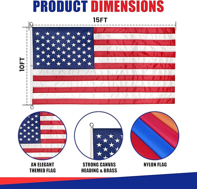 Super Tough 10ft x 15ft Nylon American Flag, Made in the USA, Embroidered Stars, Sewn Stripes
