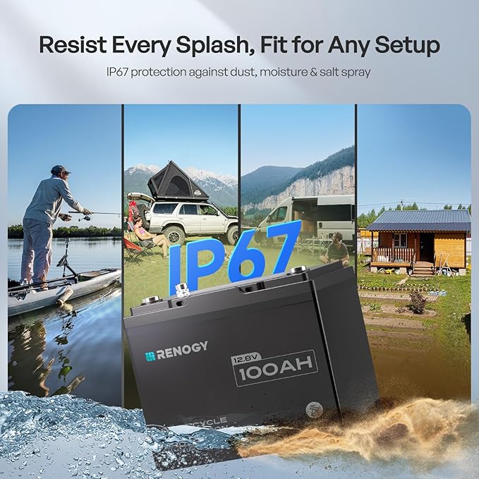 Renogy 12V 100Ah Trolling Motor LiFePO4 Lithium Battery, Bluetooth & 100A BMS, IP67 Waterproof, Group 24 Deep Cycle Battery for Marine, Boat, RV, Off-Grid Backup