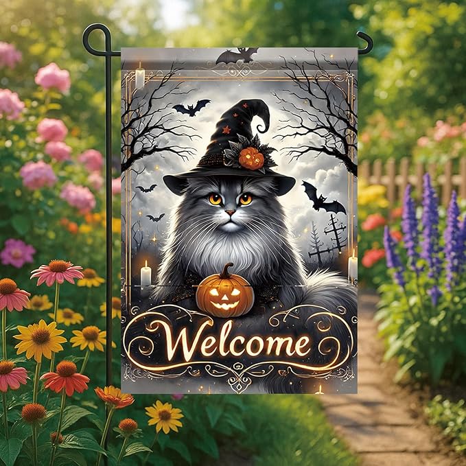 Halloween Garden Flag Maine Coon Cat Flag 12x18 Inch Double Sided Outdoor Holiday Yard Decoration Seasonal House Lawn Decor Porch Patio Farmhouse Outside Fall Welcome Banner