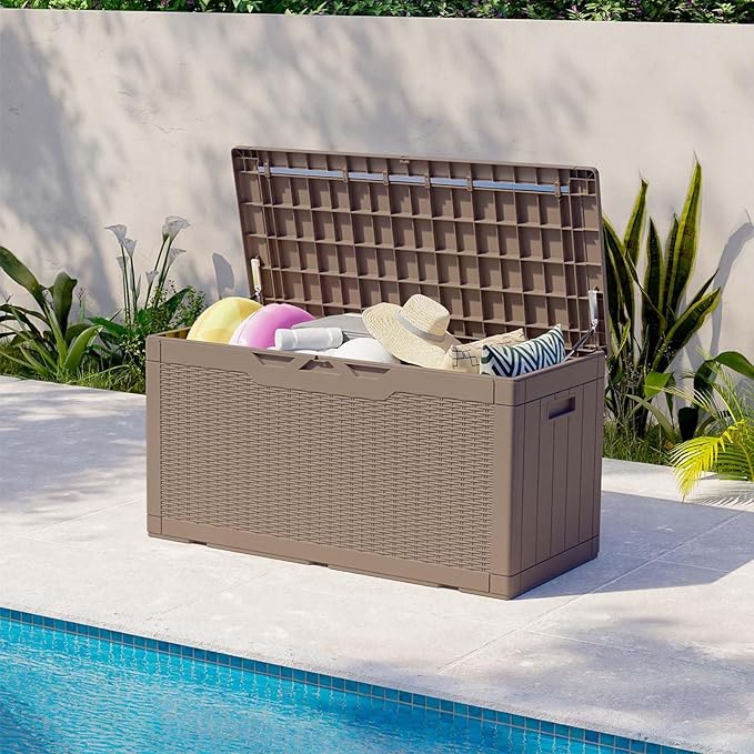 Patiolife 100 Gallon Resin Deck Box with Cushion, Large Outdoor Storage Box for Garden Tools, Pool Supplies, Waterproof and Lockable, Dark Brown