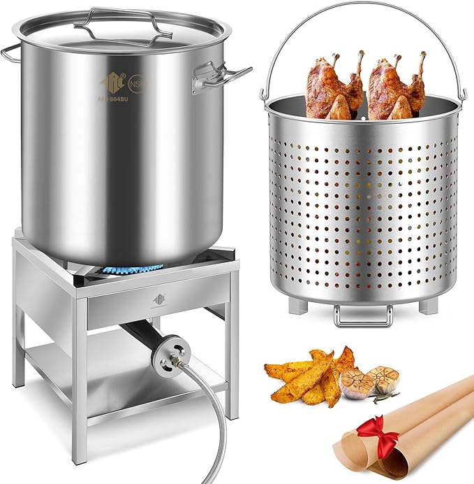 64QT Seafood Boil Pot w/200,000BTU Propane Burner Set, Stainless Steel Basket for Outdoor Deep Fryer, Large Cooking Pot for Turkey Fryer, Crawfish, Crab, Shrimp, Lobster Boiling Stock Pot