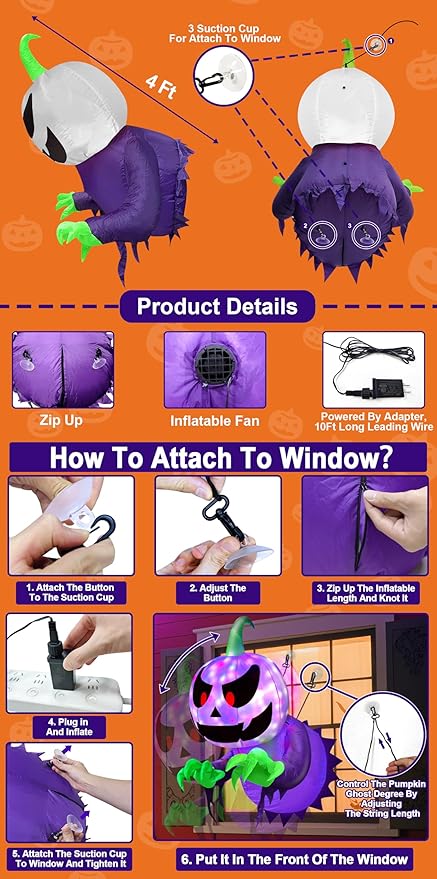 TURNMEON 4 Ft Inflatable Halloween Window Decoration, Blow Up Pumpkin Ghost Broke Out from Window Built-in Multicolored Changing Lights, Halloween Decor for Outdoor Home Party Yard Garden Lawn