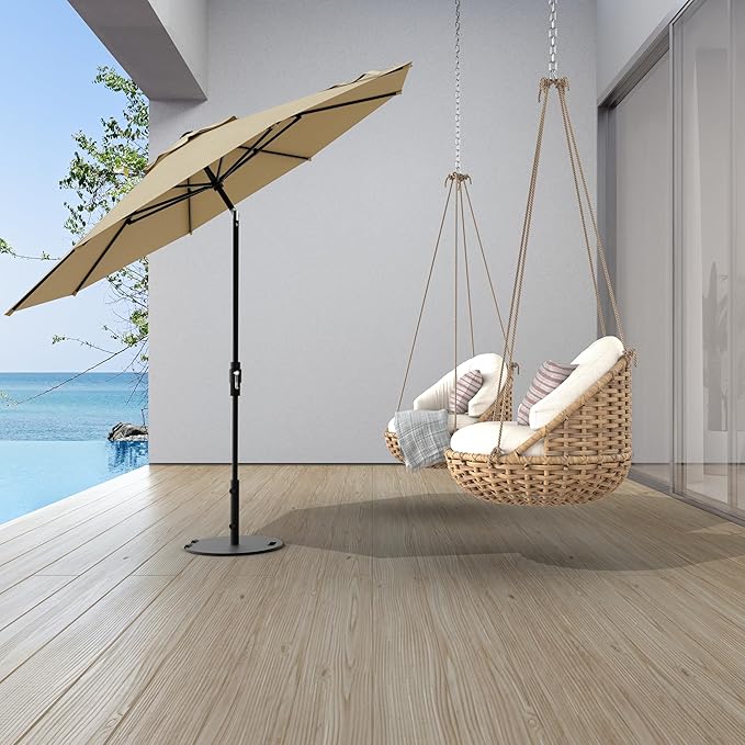 Midtown Umbrellas The Swilt 8 Feet Patio Umbrella in Terylast Chestnut (Beige) Polyester Fabric - Fiberglass Ribs, Auto-Tilt Aluminum Frame For Backyard, Deck, Garden, Pool - White Pole