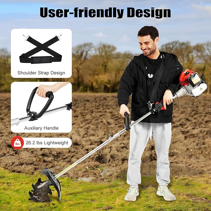 2-Stroke 42.7cc Gas Powered Trimmer, Grass Pruner Rototiller, Gasoline Engine Trimmer Machine Handheld Efficient Trimming Tools