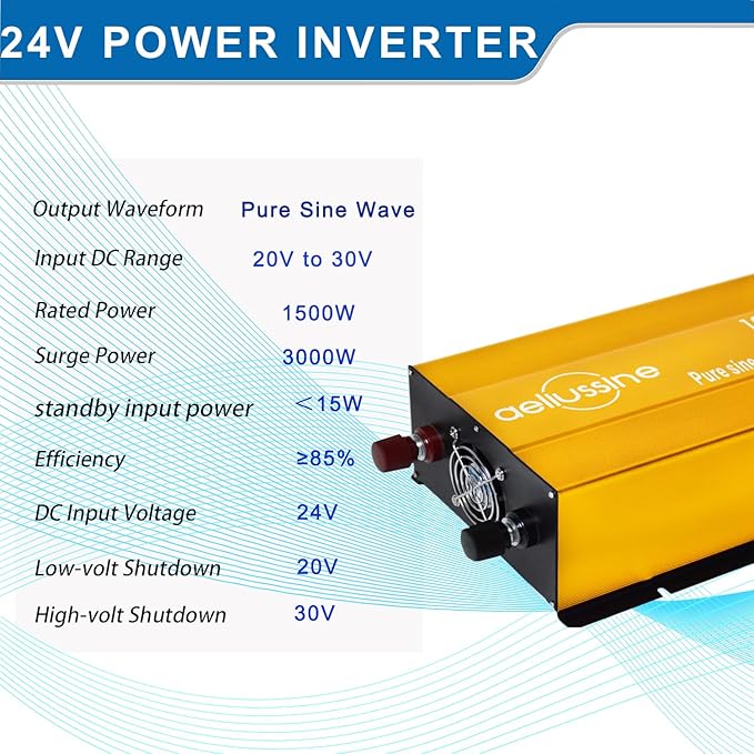 1500W Pure Sine Wave Inverter-24V DC to 110V 120V AC Power Converter with 2 AC Outlets, 24 Volt Power Inverter for Truck, Rv, Camping, Home, Emergency Power