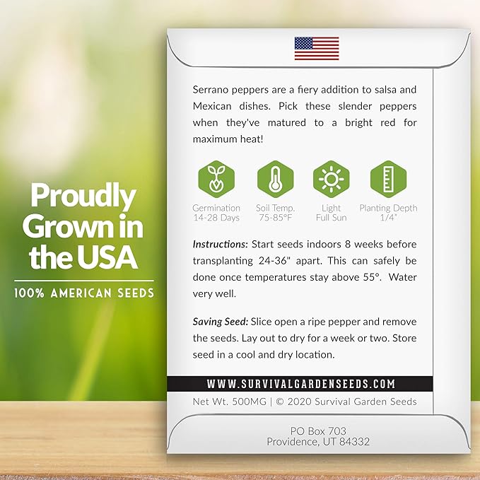 Survival Garden Seeds - Serrano Pepper Seed for Planting - Packet with Instructions to Plant and Grow Spicy Mexican Peppers in Your Home Vegetable Garden - Non-GMO Heirloom Variety