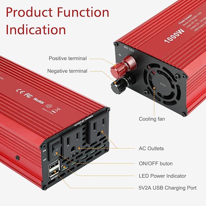 Fancy Buying 1000W/2000W(Peak) Power Inverter for Vehicles, DC 12V to 110V AC Converter with Dual AC Outlets and Dual USB Car Charger for Car Laptop Computer