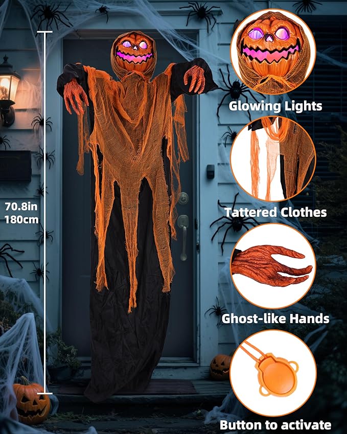 Joomer Animated Halloween Decorations Outdoor, Life-Size Animatronic Standing Pumpkin Man Decoration with Spooky Sound Activated Sensor for Haunted House, Party, Indoor,Outdoor Halloween Decoration