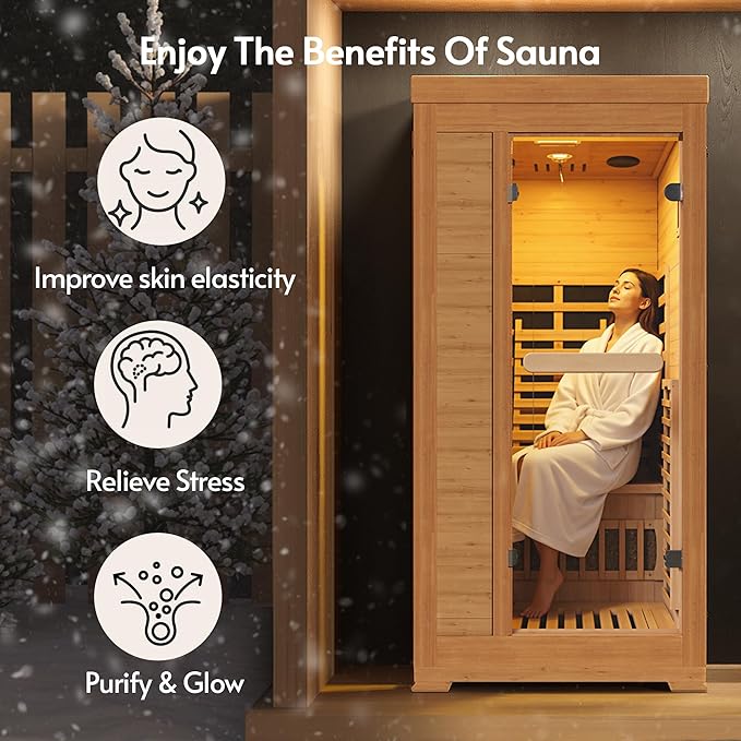 Infrared Sauna at Home 1 Person with 7 Color Therapy, Low EMF 1745W Fast Heating Canadian Hemlock Wood Sauna, Indoor Dry Sauna with Bluetooth Speakers for Home, Gym (3Lx3.3Wx6.3H Ft)