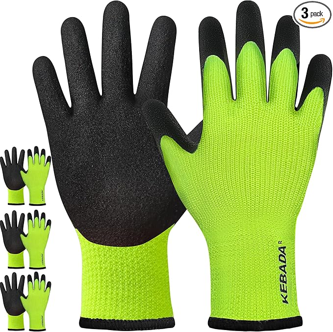 Kebada T3 Winter Work Gloves for Men and Women, Warm Knit Cold Weather Work Gloves, Thermal Insulated Freezer Gloves, 100% Latex Coating Non-slip Grip, Long Wrist Design, 3 Pairs, Green, X-Large