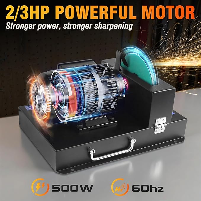 Lawn Mower Blade Sharpener 2/3 HP 500W, 7" Ceramic Wheel with 9 Extra Sandpapers, Heavy-Duty Sharpening Machine for High/Low Lift, Gator & Flat Blades