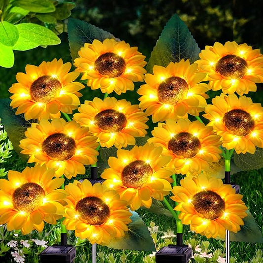 ANGMLN Solar Sunflower Outdoor Garden Lights, 4 Pack with 12 Sunflower Waterproof Garden Decor, Gifts for Mom Grandma, Waterproof Decorative Lights for Pathways Patios and Yards Decorations