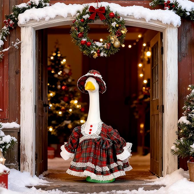 Soulchen 1 Set Christmas Plaid Porch Goose Outfit 23 Inch Xmas Cement Goose Clothes Dress and Hat Costume Set for Holiday Lawn Garden Yard Decor