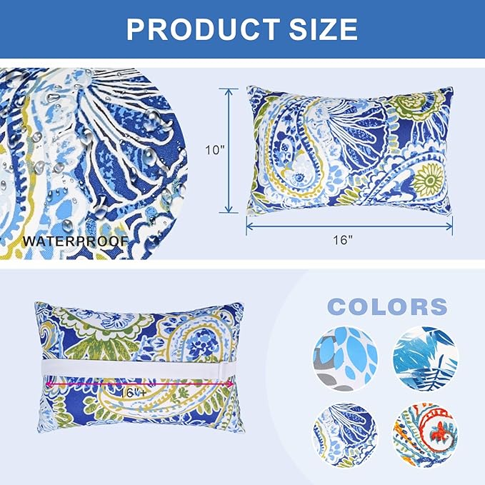 JMGBird Outdoor Pillow for Chaise Lounge Chair Set of 2 Waterproof Headrest Pillow Lumbar Pillows with Insert & Adjustable Elastic Strap for Beach Poolside Patio Office, 10x16 Inch