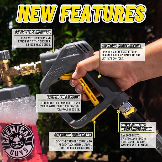 Chemical Guys Snubby Pressure Washer Gun with Foam Cannon Attachment - Short Handle for Gas and Electric Pressure Washers, Ideal for Car Washing, Detailing, and Home Cleaning Projects