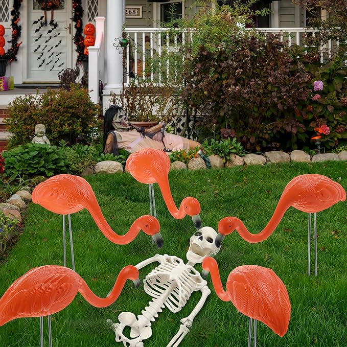 Geelin 12 Pcs Halloween Skeletons Flamingo Yard Decorations Skeleton Black Orange Buzzards Stakes for Halloween Lawn Garden Outdoor Party Decorations