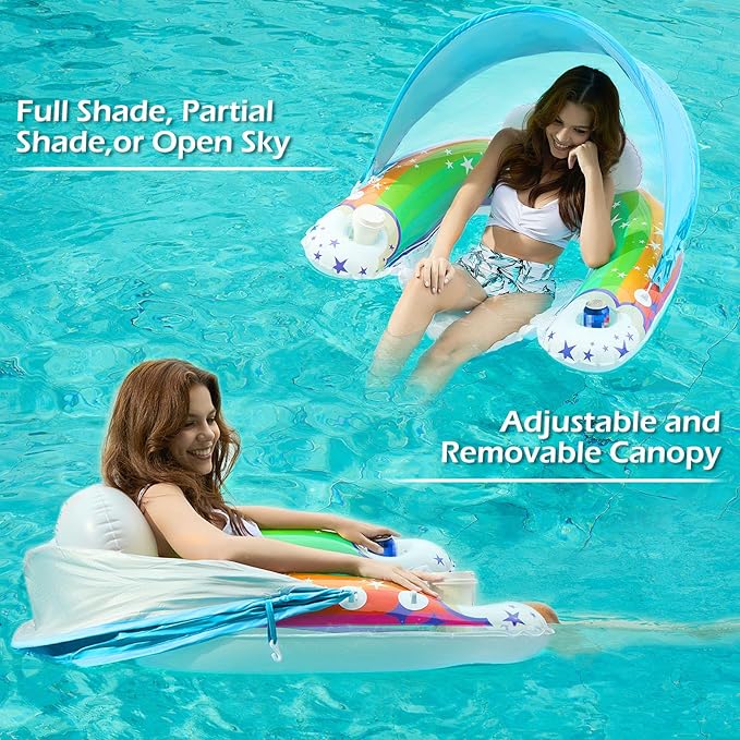Jasonwell Pool Float with Canopy - Inflatable Pool Floaties Adult Floating Pool Chair Lounge Floats for Swimming Pool Water Chair Pool Lounger with Cup Holders Pool Toy Party Floaty for Adults