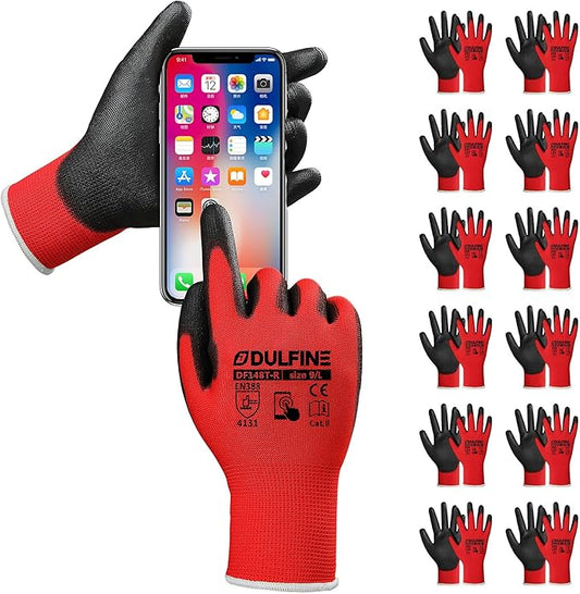 DULFINE Safety Work Gloves PU Coated for Men and Women-12 Pairs,Red Seamless Knit Glove with Two Fingers Touchscreen,Ideal for General Duty Work (Large)