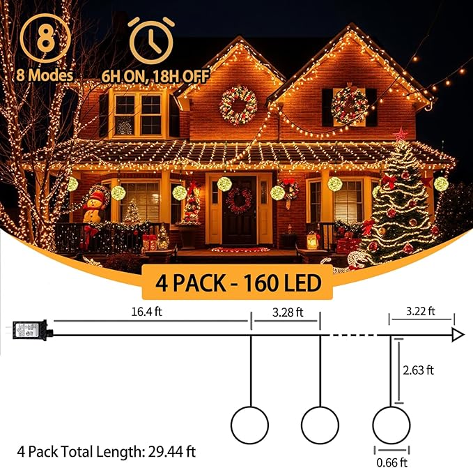 4 Pack 160Led Christmas Ball Lights for Tree Outdoor, 8 Modes 7.87in Globe String Lights Waterproof, Sphere Fairy Outside for Window House Garden Yard Porch Indoor Decorations, Warm White