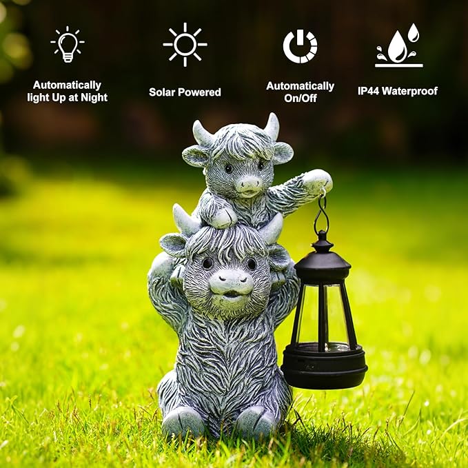 Solar Highland Cow Garden Decor - Resin Cow Statue with Solar Lantern Outdoor Yard Patio Decor - Ideal Gifts for Women,Mom Men (Grey)