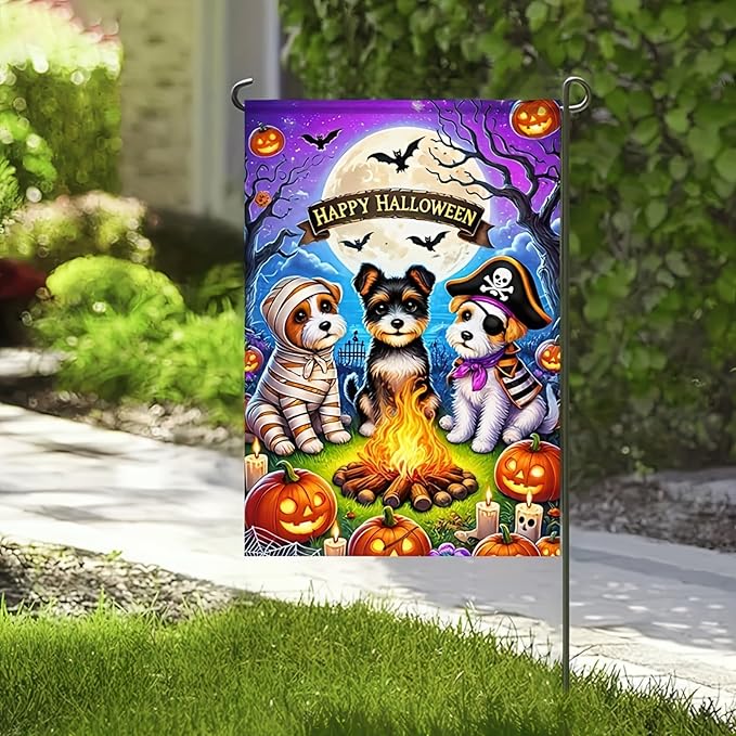 Happy Halloween Garden Flag Double Sided 12x18 Flag With Cute Dogs In Piratedogs Mummy Pirate Campfire Jack-O'-Lanterns Full Moon Garden Flag Outdoor Home Decor Lawn Event Party Supplies