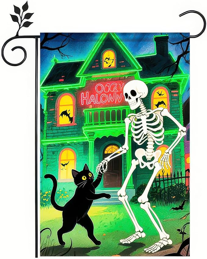 Garden Flags 12x18 Inch Halloween Garden Flag Double-Sided Skeleton Dancing with Black Cat Haunted House Pumpkin Fall Yard Decoration Trick or Treat Banner for Porch Lawn Outdoor Decor