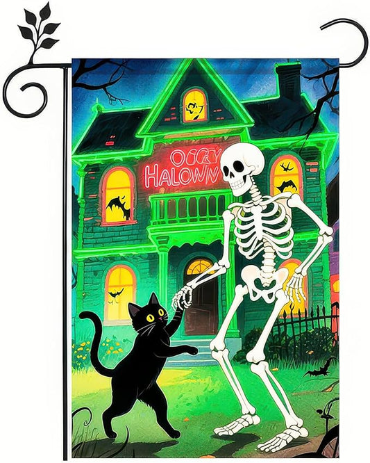 Garden Flags 12x18 Inch Halloween Garden Flag Double-Sided Skeleton Dancing with Black Cat Haunted House Pumpkin Fall Yard Decoration Trick or Treat Banner for Porch Lawn Outdoor Decor