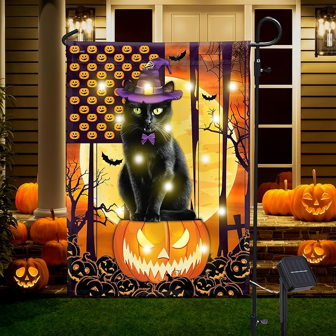 FLAGWIX Halloween Garden Flag - Solar Flag Light for Garden Decor 11.5"x17.5" - Fall Flags for Halloween Decorations, Black Cat Yard Flags for Fall Outdoor Decor, Outside Decorations for Yard