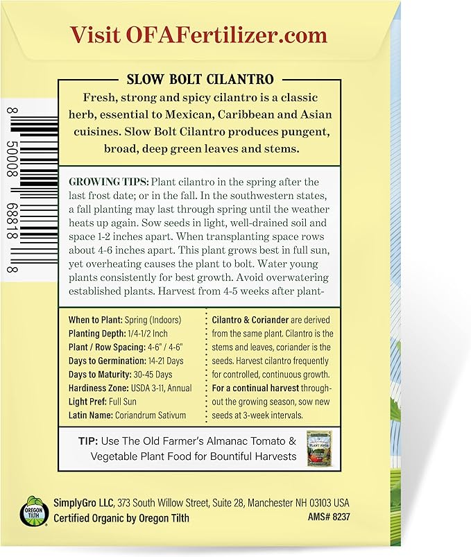 The Old Farmer's Almanac Heirloom Organic Cilantro Seeds (Slow Bolt) - Approx 180 Seeds - Certified Organic, Non-GMO, Open Pollinated, Heirloom, USA Origin