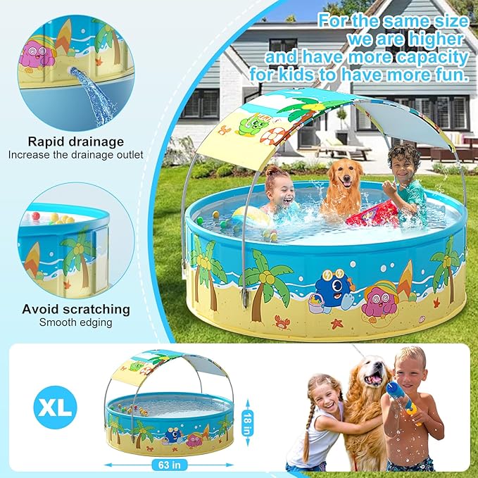 Foldable Swimming Pool with Canopy for Kids 63"x18" Hard Plastic Portable Dog Pool Anti-Slip Collapsible Pets Bathtub Kiddie Pool Indoor Outdoor Backyard (JellieMons 63'')
