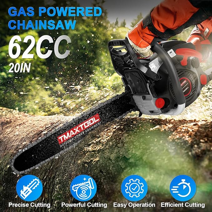 62cc Gas Chainsaw, 20 Inch 16Inch Chain Saw, Gas Powered Chainsaws, 2-Stroke 3.5-HP Gasoline Power Chain Saws with Automatic Oiler for for Wood Cutting and Tree Trimming, Easy-Start, Black