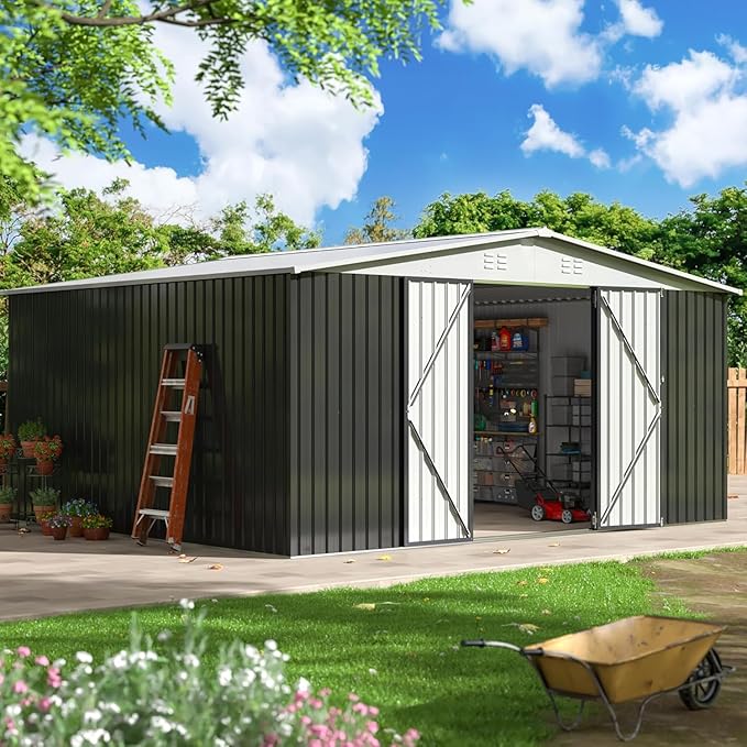VIWAT 12x14 FT Outdoor Storage Shed, Garden Shed with Updated Frame Structure and Lockable Doors, Metal Tool Sheds for Backyard Garden Patio Lawn, White