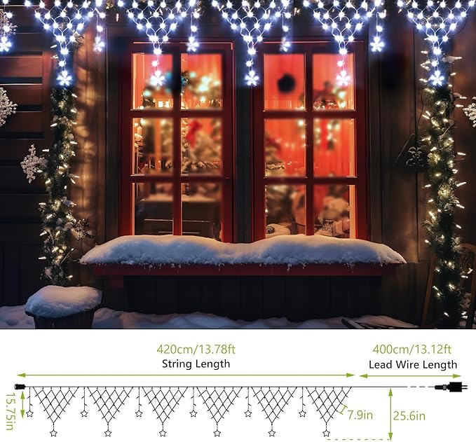 Christmas Lights Outdoor Decorations 218 LED 13.8ft Curtain Fairy Lights with 12 Drops, Clear Wire LED String Light Decor with 8 Modes for Wedding Party Holiday Christmas Indoor Outdoor Decor