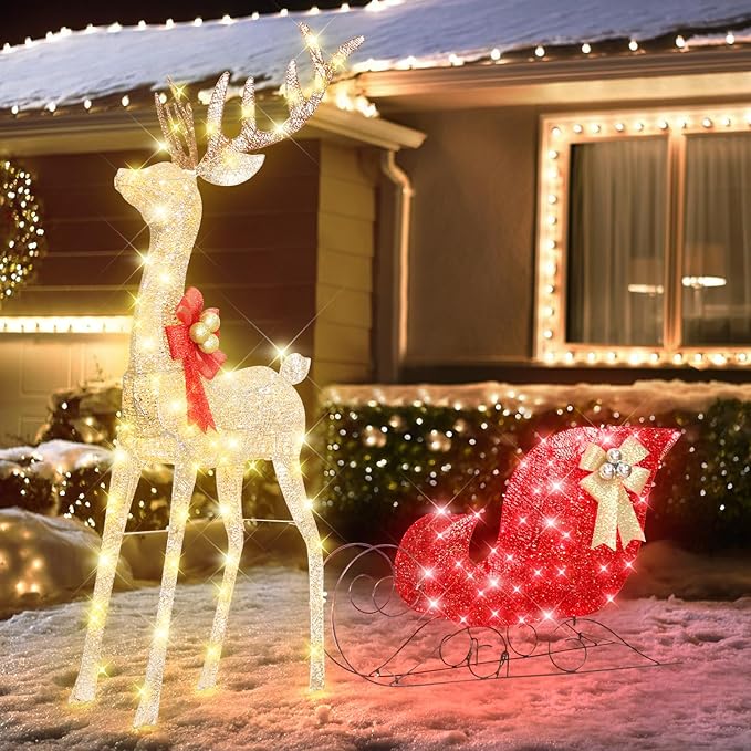 54”Christmas Deer Sleigh Set Outdoor Indoor Decoration 3D Lighted Reindeer Red Sleigh Holiday Display Christmas Tree Decorations Lighted up Santa Sleigh Porch/Lawn/Yard/Garden Addition
