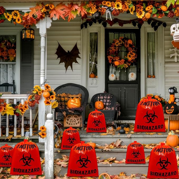 12 Pcs Large Halloween Leaf Bags Biohazard Halloween Decorations Halloween Trash Bags for Leaves Plastic Yard Lawn Waste Bags Scientist Biohazard Bags Outdoor Biohazard Zombie Party Decorations (Red)