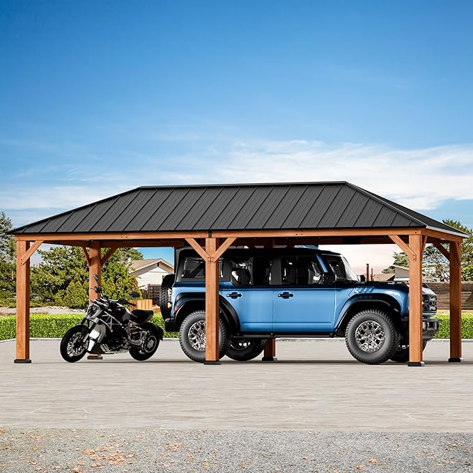 Modern Shade Tranquil Grove Wood Gazebo 12' x 24', Permanent Grill Gazebo with Galvanized Steel Hardtop Roof, Cedar Framed Wooden Pavilion for Garden, Backyard