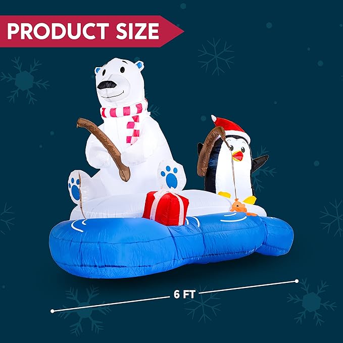 Joiedomi 6 FT Long Christmas Inflatable Polar Bear Fishing with Penguin Decoration, Blow Up Yard Decoration Inflatables with Built-in LEDs for Christmas Party Indoor Outdoor, Yard, Garden, Lawn Décor