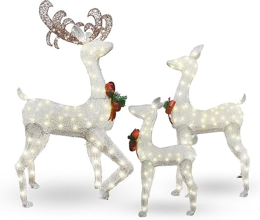 AWQM 3-Piece Lighted Christmas Reindeer, Christmas Deer Family Set with Red Bow, 50+80+100 LED Lights, Indoor or Outdoor Christmas Holiday Decoration for Yards Garden Lawn Patio Light Up Display,White