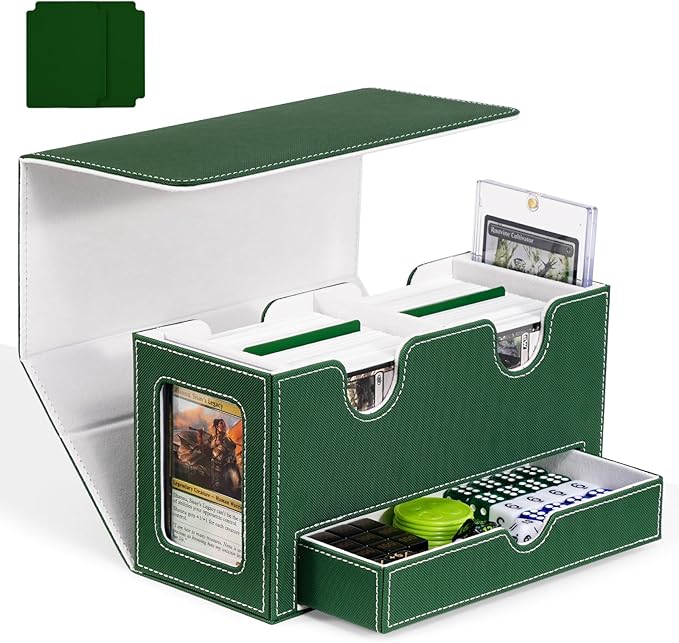 Card Deck Box for MTG, Double Card Storage Box with 2 Commander Display & 1 Dice Tray, Fits 200+ Double Sleeved Cards, Organizer for CCG TCG Sports Cards (Green White)
