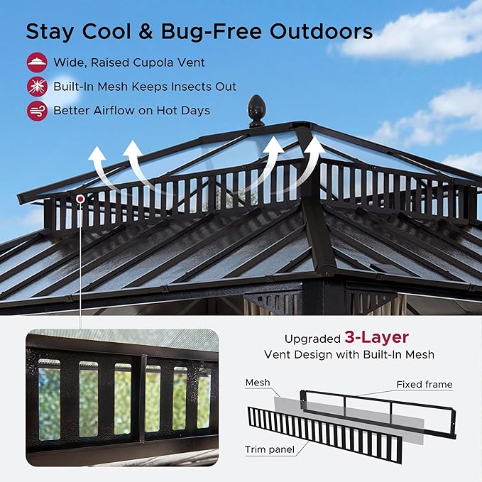 SUNJOY Kingston 12' x 10' Hardtop Gazebo with Galvanized Steel/Polycarbonate Double Roof, Curtain and Netting, Brown Aluminum Posts Permanent Pavilion Gazebo for Garden, Patio, Deck, Lawn